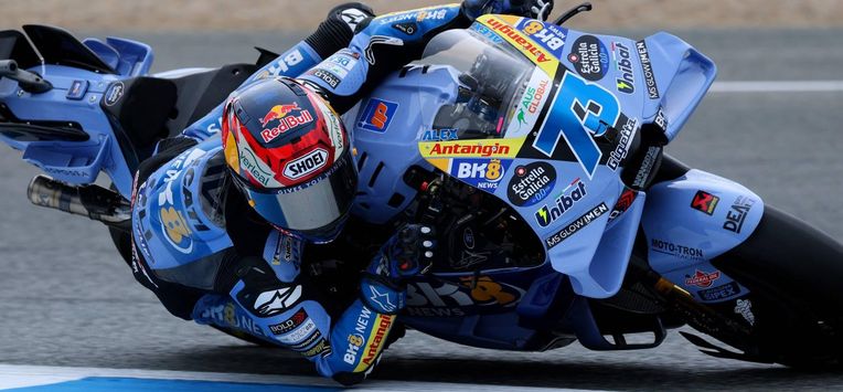 Team Gresini Racing MotoGP's Alex Marquez rides during a practice session of the MotoGP Spanish Grand Prix at the Jerez racetrack in Jerez de la Frontera, on April 24, 2026.   
Pierre-Philippe MARCOU / AFP