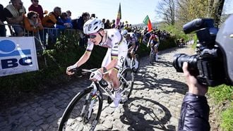 Slovenian Tadej Pogacar of UAE Team Emirates competes in the men's race of the Tour of Flanders one day cycling race, 268,9km from Brugge to Oudenaarde, on April 6, 2025. 
DIRK WAEM / Belga / AFP