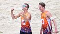 2023-08-06 13:48:48 epa10787449 Leon Luini and Yorick De Groot of the Netherlands celebrate winning the Men's Semi Final match against Sergiy Popov and Eduard Reznik of Ukraine at the CEV EuroBeachVolley 2023 European Beach Volleyball Championships in Vienna, Austria, 06 August 2023.  EPA/CHRISTIAN BRUNA