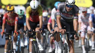 Alpecin - Deceuninck team's Dutch rider Mathieu van der Poel cycles past the finish line  during the 8th stage of the 112th edition of the Tour de France cycling race, 171.4 km between Saint-Meen-le-Grand and Laval Espace Mayenne, western France, on July 12, 2025. 
Anne-Christine POUJOULAT / AFP