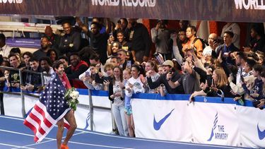 US Grant Fisher celebrates after winning the 3000m men event and breaking the World Record at the 117th Millrose Games at « The Armory » track and field center in New York City on February 8, 2025. 
CHARLY TRIBALLEAU / AFP