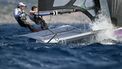 Netherlands' duo Bart Lambriex and Floris Van De Werken compete in Race 9 of the men’s 49er skiff event during the Paris 2024 Olympic Games sailing competition at the Roucas-Blanc Marina in Marseille on July 30, 2024.  
NICOLAS TUCAT / AFP