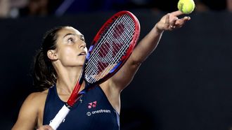 France's Caroline Garcia serves the ball to Poland's Magdalena Frech during the WTA 2024 women's singles semifinal match in Zapopan, Mexico, on September 14, 2024. 
ULISES RUIZ / AFP