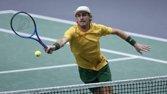 epa11605993 Max Purcell (pictured) and Matthew Ebden of Australia react against Pedro Martinez and Marcel Granollers of Spain during the third match for the first place in the Group B for the Davis Cup Finals between Spain and Australia held in Valencia, Spain, 15 September 2024.  EPA/BIEL ALINO