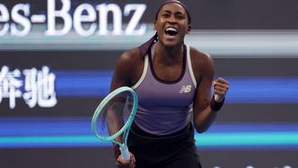 epa11643091 Coco Gauff of USA celebrates winning her Women's Singles semi-finals match against Paula Badosa of Spain in the China Open tennis tournament in Beijing, China, 05 October 2024.  EPA/ANDRES MARTINEZ CASARES
