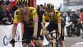 2023-09-13 17:27:14 Team Jumbo's Slovenian rider Primoz Roglic (L) crosses the finish line in first place followed by Team Jumbo-Visma's Danish rider Jonas Vingegaard during the stage 17 of the 2023 La Vuelta cycling tour of Spain, a 124,4 km race between Ribadesella and Alto de l'Angliru on September 13, 2023. 
MIGUEL RIOPA / AFP