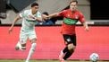 NIJMEGEN - (l-r) Younes Taha of FC Twente, Lars Olden Larsen of NEC Nijmegen tijdens de Nederlandse Eredivisie wedstrijd tussen NEC en FC Twente in De Goffert op 10 augustus 2024 in Nijmegen, Nederland. ANP JEROEN PUTMANS