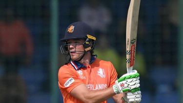 Netherlands' Bas de Leede watches the ball after playing a shot during the 2026 ICC Men's T20 Cricket World Cup group stage match between Netherlands and Namibia at the Arun Jaitley Stadium in New Delhi on February 10, 2026. 
Arun SANKAR / AFP