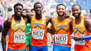 ROME - Elvis Afrifa, Taymir Burnet, xavi Mo Ajok en Nsikak Ekpo in actie op de 4x100m estafette op de vijfde dag van de Europese kampioenschappen atletiek. ANP IRIS VAN DEN BROEK