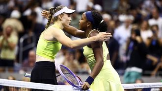 Kazakhstan's Elena Rybakina hugs USA's Coco Gauff after their women's singles semi-final tennis match on day twelve of the US Open tennis tournament at the USTA Billie Jean King National Tennis Center in New York City on September 10, 2026. 
CHARLY TRIBALLEAU / AFP