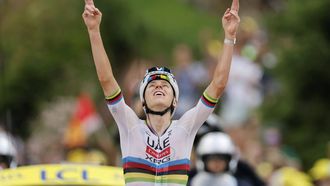epa13100455 Slovenian cyclist Tadej Pogacar of UAE Team Emirates XRG celebrates as he crosses the finish line to win Stage 6 of the Tour de France, a 186.2 km route from Pau to Gavarnie-Gedre, France, 09 July 2026.  EPA/GUILLAUME HORCAJUELO