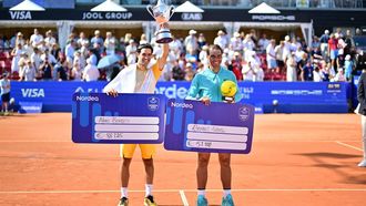 Portugal's Nuno Borges (L) and Spain's Rafael Nadal celebrate after their men's final singles match of the ATP Nordea Open tennis tournament in Bastad, Sweden, on July 21, 2024. 
Bjorn LARSSON ROSVALL / TT News Agency / AFP