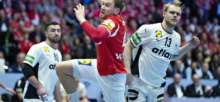 epa12698487 Denmark's Simon Pytlick during the EHF Euro 2026 final match between Denmark and Germany at Jyske Bank Boxen in Herning, Denmark, 01 February 2026.  EPA/Henning Bagger DENMARK OUT