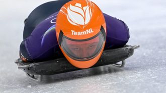 Netherlands' Kimberley Bos takes part in the skeleton women's training session at Cortina Sliding Centre during the Milano Cortina 2026 Winter Olympic Games in Cortina d'Ampezzo on February 10, 2026. 
Tiziana FABI / AFP