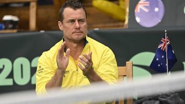 epa11868216 Australian national team captain Lleyton Hewitt reacts during the doubles match in the Davis Cup Qualifiers tie between Sweden and Australia, in Stockholm, Sweden, 01 February 2025.  EPA/Jonas Ekstromer  SWEDEN OUT