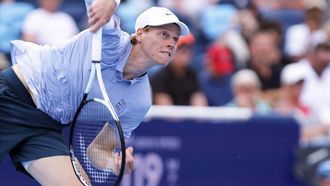 epa12298637 Jannik Sinner of Italy in action against Adrian Mannarino of France during their Men's singles round of 16 match of the Cincinnati Open at the Lindner Family Tennis Center in Mason, Ohio, USA, 13 August 2025.  EPA/MARK LYONS