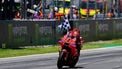 Ducati Italian rider Francesco Bagnaia crosses the finish line in first place during the MotoGP Race of the Moto Grand Prix of Catalonia at the Circuit de Catalunya on May 26, 2024 in Montmelo on the outskirts of Barcelona. 
Josep LAGO / AFP