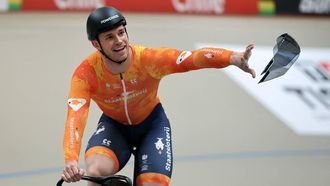 Netherlands' #168 Harrie Lavreysen reacts after winning gold in the men's sprint event final at the 2025 UCI Track World Championships, in the Penalolen Velodrome in Santiago, on October 26, 2025. 
Javier TORRES / AFP