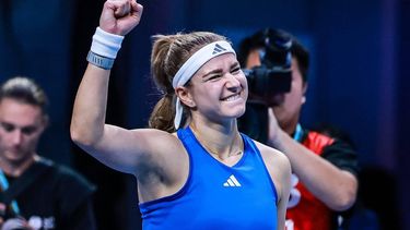 Czech Republic’s Karolina Muchova celebrates after defeating Ukraine’s Anhelina Kalinina in their women’s singles final match at the Billie Jean King Cup tennis tournament in Shenzhen, in China’s southern Guangdong province on September 27, 2026. 
CN-STR / AFP
