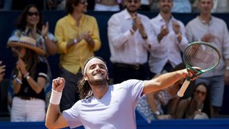epa13120239 Stefanos Tsitsipas of Greece celebrates his victory against Raphael Collignon of Belgium after winning the men's final match at the Swiss Open tennis tournament in Gstaad, Switzerland, 19 July 2026.  EPA/ANTHONY ANEX