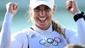 Netherlands' Marit Bouwmeester celebrates, as she is ensured to become gold medallist after race 10 of the women’s ILCA 6 single-handed dinghy event was cancelled, during the Paris 2024 Olympic Games sailing competition at the Roucas-Blanc Marina in Marseille on August 5, 2024.  
Christophe SIMON / AFP