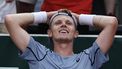 Netherlands' Jesper de Jong celebrates his victory over Karen Khachanov during their men's singles match on day 6 of the French Open tennis tournament at the Roland-Garros Complex in Paris on May 29, 2026. 
Anne-Christine POUJOULAT / AFP