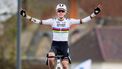 Dutch rider Fem Van Empel celebrates as she crosses the line to win the women's elite race at the 'Urban Cross Kortrijk' cyclocross cycling event, the second stage in the X2O Badkamers 'Trofee Veldrijden' competition, in Kortrijk on November 25, 2023. 
JASPER JACOBS / Belga / AFP