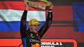 Red Bull Racing's Dutch driver Max Verstappen celebrates at the podium with the trophy of the Formula One Sao Paulo Grand Prix, at the Jose Carlos Pace racetrack, aka Interlagos, in Sao Paulo, Brazil, on November 3, 2024. 
NELSON ALMEIDA / AFP