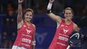 2022-09-25 09:30:26 epa10205417 Ariana Sanchez (R) and Paula Josemaria celebrate after winning the women's doubles final of the Estrella Damm Comunidad de Madrid Master 2022 of the World Padel Tour against Aranza Osoro and Victoria Iglesias at the Caja Magica in Madrid, Spain, 25 September 2022.  EPA/JUAN CARLOS HIDALGO