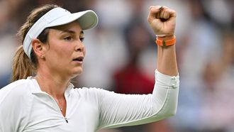 Croatia's Donna Vekic celebrates winning the second set against New Zealand's Lulu Sun during their women's singles quarter-finals tennis match on the ninth day of the 2024 Wimbledon Championships at The All England Lawn Tennis and Croquet Club in Wimbledon, southwest London, on July 9, 2024. 
ANDREJ ISAKOVIC / AFP