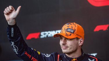 2023-07-29 18:24:49 Red Bull Racing's Dutch driver Max Verstappen celebrates  after winning the  sprint race ahead of the Formula One Belgian Grand Prix at the Spa-Francorchamps Circuit in Spa on July 29, 2023. 
KENZO TRIBOUILLARD / AFP