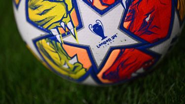 The match ball is pictured prior to the UEFA Champions League round of 16, second-leg football match between FC Bayern Munich and Lazio in Munich, southern Germany on March 5, 2024. 
Kirill KUDRYAVTSEV / AFP