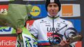 epa12049377 First placed Slovenian cyclist Tadej Pogacar of UAE Team Emirates XRG poses on the podium for the La Fleche Wallonne one-day cycling classic race for Elite Men over 205,2 km from Ciney to Huy, Belgium, 23 April 2025.  EPA/OLIVIER MATTHYS