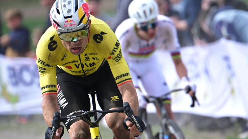 Team Visma - Lease a Bike's Belgian rider Wout van Aert cycles in a breakaway ahead of UAE Team Emirates XRG's Slovenian rider Tadej Pogacar during the 123rd edition of the Paris-Roubaix one-day classic cycling race, 258.3 km between Compiègne and Roubaix, northern France, on April 12, 2026.  
Bernard PAPON / POOL / AFP