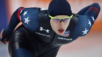 US's Jordan Stolz competes during the 1500m men race of the ISU World Speed Skating Championships in Hamar, Norway on March 16, 2025. 
Geir Olsen / NTB / AFP