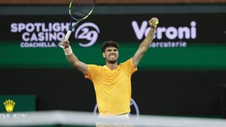 epa12816081 Carlos Alcaraz of Spain reacts after winning match point during the men's singles quarterfinals match against Cameron Norrie of Great Britain on day 9 of the BNP Paribas Open tennis tournament in Indian Wells, California, USA, 12 March 2026.  EPA/JOHN G. MABANGLO
