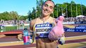 epa13013649 Minke Bisschops of Netherlands celebrates after the Women 100m final event at the Paavo Nurmi Games athletics meeting in Turku, Finland, 03 June 2026.  EPA/KIMMO BRANDT