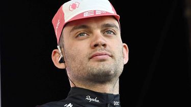Danish Kasper Asgreen of EF Education-EasyPost looks on during the team presentation ahead of the Kuurne-Brussels-Kuurne one day cycling race, 196,9 km from Kuurne to Kuurne via Brussels, in Kortrijk on March 2, 2025. 
DIRK WAEM / Belga / AFP