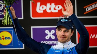 Third placed Dutch Dylan Groenewegen of Team Jayco Alula celebrates on the podium of the men's race of the 112th edition of the Scheldeprijs one-day cycling race, 205,3 km from Terneuzen, the Netherlands, to Schoten, Belgium, on April 3, 2024. 
Tom Goyvaerts / Belga / AFP