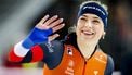 HAMAR - Joy Beune (Nederland) reageert na het winnen van de 1500 meter vrouwen op de laatste dag van het WK afstanden in het Noorse Hamar. ANP SEM VAN DER WAL