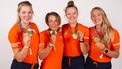 Netherland's rowing women's four gold medallists Marloes Oldenburg, Benthe Boonstra, Hermijnte Drenth and Tinka Offereins pose for a portrait during a photo session at the Champions Park at the Trocadero in Paris on August 5, 2024 during the Paris 2024 Olympic Games. 
THIBAUD MORITZ / POOL / AFP