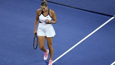 Belarus's Aryna Sabalenka reacts after a point against Spain's Cristina Bucsa during their women's singles round of 16 tennis match on day eight of the US Open tennis tournament at the USTA Billie Jean King National Tennis Center in New York City, on August 31, 2025. 
CHARLY TRIBALLEAU / AFP