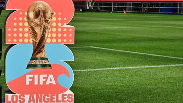 The official logo for Los Angeles as host of a number of matches for the 2026 World Cup as the new test pitch at Sofi Stadium is revealed to the media in Inglewood, California on March 13, 2025. The pitch will be used for the upcoming Concacaf Nations League semifinals on March 20 when the US play Panama and Canada plays Mexico. 
Frederic J. BROWN / AFP
