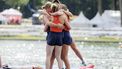 AMSTERDAM - Ymkje Clevering, Nika Johanna Vos, Linn van Aanholt en Tinka Offereins vieren het behalen van de derde plaats in de finale op het onderdeel vrouwen vierzonder op de zesde dag van de wereldkampioenschappen roeien op de Bosbaan in het Amsterdamse Bos. IRIS VAN DEN BROEK / ANP