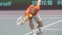 2023-09-17 18:47:18 epa10866838 Tallon Griekspoor of the Netherlands in action against Borna Gojo of Croatia during the Davis Cup Group D match between the Netherlands and Croatia in Split, Croatia, 17 September 2023.  EPA/STRINGER