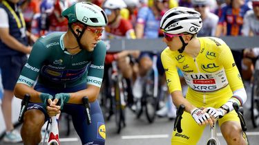epa12246918 Yellow Jersey overall leader Slovenian rider Tadej Pogacar of UAE Team Emirates talks to Green Jersey points leader Italian rider Jonathan Milan of Lidl - Trek team before the 14th stage of the Tour de France cycling race over 182.6km from Pau to Luchon-Superbagneres, France, 19 July 2025.  EPA/MARTIN DIVISEK