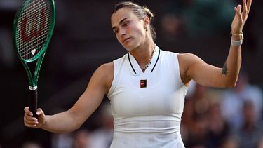 Belarus's Aryna Sabalenka reacts as she plays against Japan's Naomi Osaka during their women's singles round of 16 tennis match on the seventh day of the 2026 Wimbledon Championships at The All England Lawn Tennis and Croquet Club in Wimbledon, southwest London, on July 5, 2026. 
Kirill KUDRYAVTSEV / AFP