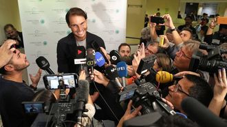 epa10976716 Spanish tennis player and 22-Grand-Slam-winner Rafa Nadal takes part in a media meeting during the presentation of Tenis Teknon Clinic as part of Teknon Health Center, in Barcelona, Spain, 15 November 2023.  EPA/Alejandro Garcia