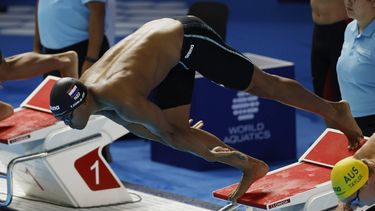 epa12278486 Renzo Tjon-A-Joe of Team Netherlands competes in the Mixed 4x100 Freestyle Relay Swimming heats at the World Aquatics Championships Singapore 2025 in Singapore, 02 August 2025.  EPA/RUNGROJ YONGRIT