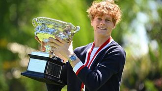 epa11111780 Jannik Sinner of Italy poses for a photograph with the Norman Brookes Challenge Cup following his win over Daniil Medvedev of Russia in the Men’s Singles Final at the 2024 Australian Open tennis tournament in Melbourne, Australia, 29 January 2024.  EPA/JAMES ROSS AUSTRALIA AND NEW ZEALAND OUT